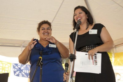 Vicky with Lorena (CAUSA), MC-ing at the CAPACES Leadership Institute's Grand Opening